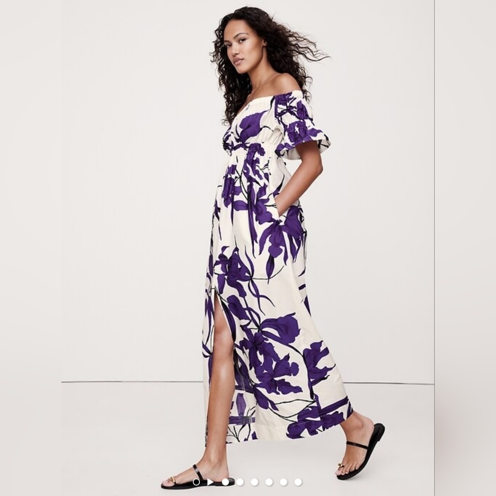 NWT BR Purple/Ivory Floral Cotton Poplin Off-The-Shoulder Maxi Dress Size Small